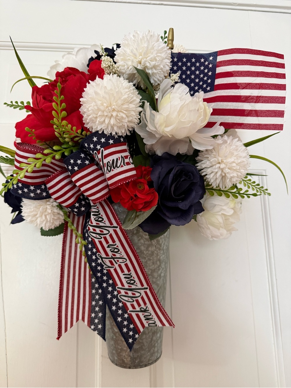 Patriotic Red White & Blue Floral Wall Tin Vase
Measuring 21 x 16”